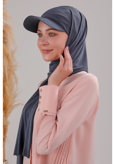 Melodi Scarf Kadın Tesettür Şapkalı Pratik Boneli Hazır Şal Koyu Gri Antrasit Koyu Gri