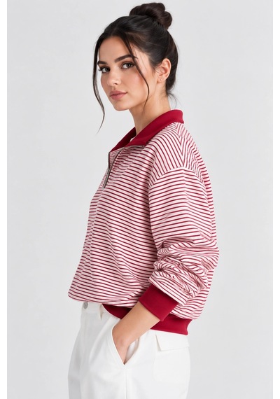 Mevese Çizgili Desen Polo Yaka Fermuarlı Oversize Kadın Sweatshirt - Bordo