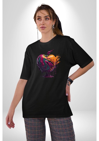 Yağlı Boya Elma Pamuklu Bisiklet Yaka Unisex Oversize Boyfriend Dijital Baskılı Siyah T-shirt Siyah