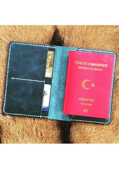 Leather Craft Hakiki Deri Isme Özel Pasaport Kılıfı - İsme Özel Turkuaz