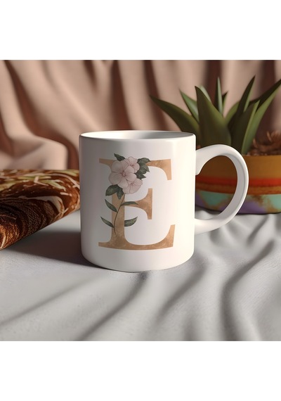 E Harfi Gold Renk Ve Çiçek Desenli Kupa Bardak - Zarif Harfli Kahve Çay Kupası - Kişiye Özel Hediye Beyaz