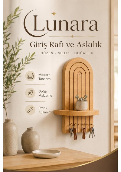 Lunara - Dekoratif Raflı Anahtarlık Askılığı - 6 Askılı Safir Meşe Mdf Lam Duvar Anahtarlığı - Antre Ev Giriş Düzenleyici Kahverengi - 891845490