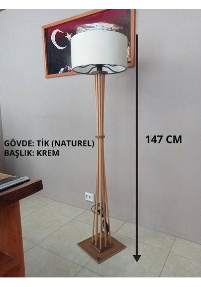 Lambader-doğal Ahşap Köşe Lambası-krem Başlık- Anahtarlı Kablo