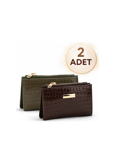 Adelina Bags 2'li Cüzdan Paketi Timsah Desenli Kadın Cüzdanı 2 Adet Siyah Ve Haki Bordo