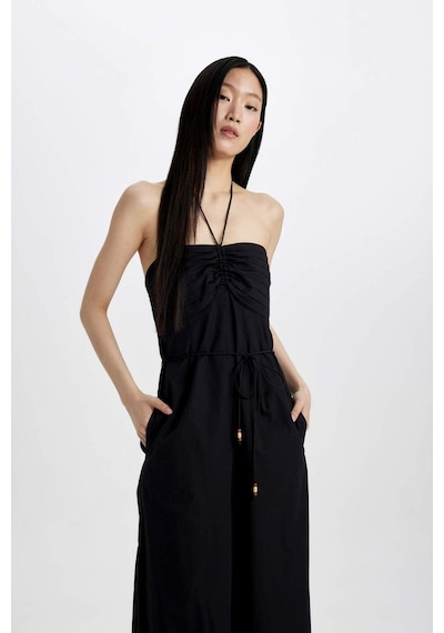 Defacto Straplez Poplin Geniş Paça Uzun Tulum B9453AX24SMBK81 Siyah