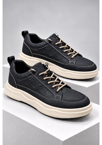 In Step Losta Erkek Siyah Deri Sneaker - Kalın Bej Tabanlı & Desen Detaylı Günlük Ayakkabı In Step Losta Erkek Siyah Deri Sneaker - Kalın Bej Tabanlı & Desen Detaylı Günlük Ayakkabı