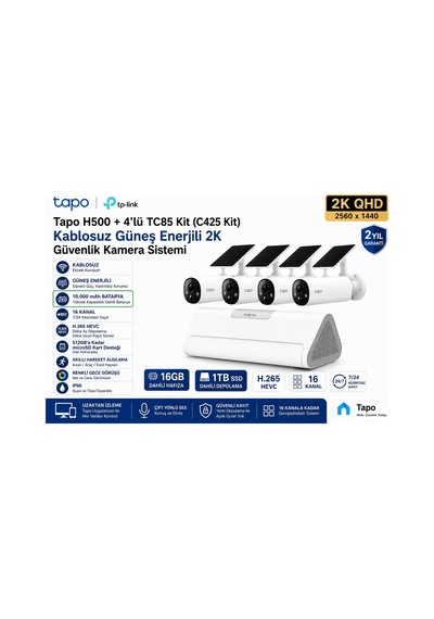 Tp-link Tapo 4'lü Kablosuz 2k Güneş Enerjili Kamera Sistemi H500 16 Kanal 7/24 Kayıt