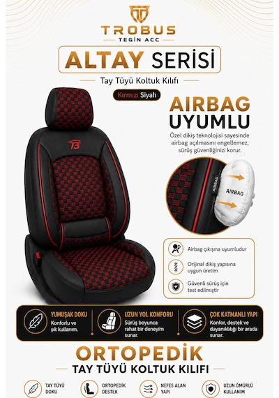 Fiat Tipo 1990-2000 Uyumlu Altay Bel Destekli Tay Tüyü Siyah Kırmızı Koltuk Kılıfı Siyah Kırmızı