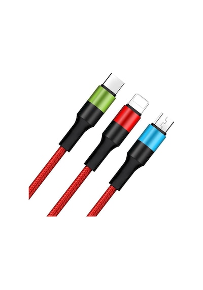 3 İn 1 Hızlı Şarj Kablosu, Örgülü 1.2m Kırmızı, Lightning, Type-c, Micro Usb, 3a Güçlü Dayanıkl Standart