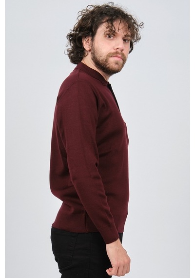 Çizgi Triko Erkek Cep Detaylı Polo Yaka Kazak 42544241 Bordo Bordo