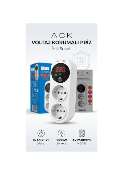 Ack İkili Ani Yüksek Akım + Voltaj Korumalı Priz Dijital Göstergeli 140v-280v Arası Standart