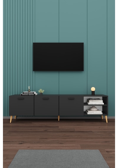Asra Trend Tv Ünitesi T-21 %100 MDF 200 cm Büyük Boy Tv Sehpası Dolaplı Raflı Koyu Gri