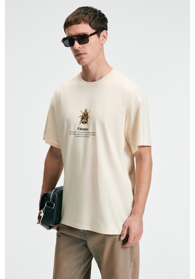 Grimelange BOLD Erkek %100 Pamuk Oversize Fit Baskılı Kısa Kollu Yuvarlak Yakalı Vanilya T-Shirt