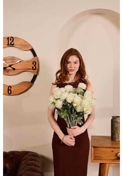 Beyaz Yapay Ranunculus Şakayık Çiçeği 3 Dallı Lüx İpeksi Dokulu 50 Cm