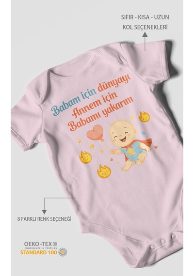 Morivokids Babaya Ve Anneye Özel Kısa Kollu Bebek Body %100 Pamuk Bebe Pembe