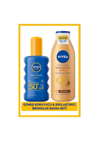 NIVEA Sun Güneş Koruyucu Vücut Spreyi SPF50 200 ML +  Q10 Sıkılaştırıcı Bronzlaştırıcı Vücut Losyonu 250 ML