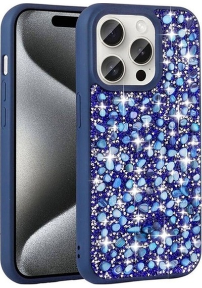 Apple Uyumlu iPhone 15 Pro Max Kılıf Parlak Taşlı Tasarım Zore Linea Kapak Lacivert