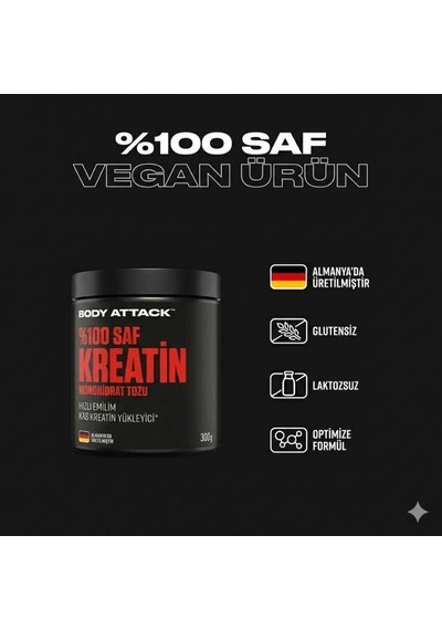 Body Attack 100% Pure Creatine Monohydrate Powder 300 Gr - 88 Servis - Almanya Menşeili Aromasız