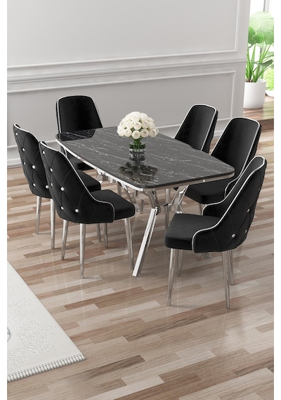 Canisa Asel Serisi 90x160 Lak Panel Siyah Mermer Desen Krom Detay Masa Takımı Ve 6 Siyah Sandalye Siyah Mermer Masa Sandalye Siyah Krom Detay Canisa Asel Serisi 90x160 Lak Panel Siyah Mermer Desen Krom Detay Masa Takımı Ve 6 Siyah Sandalye Siyah Mermer Masa Sandalye Siyah Krom Detay