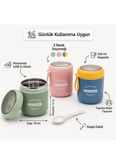 Paslanmaz Çelik Yemek Termosu 530 Ml, Kaşıklı Taşınabilir Yemek Kabı, Çelik İç Hazneli Lunch Box, Askılı Kapaklı Saklama Kabı, Pembe Yeşil Mavi Renk Seçenekli Çok Renkli Paslanmaz Çelik Yemek Termosu 530 Ml, Kaşıklı Taşınabilir Yemek Kabı, Çelik İç Hazneli Lunch Box, Askılı Kapaklı Saklama Kabı, Pembe Yeşil Mavi Renk Seçenekli Çok Renkli