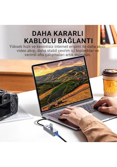Usb Type-c To 100mbps Ethernet Çevirici Ve 3 Portlu Usb Hub Çoklayıcı