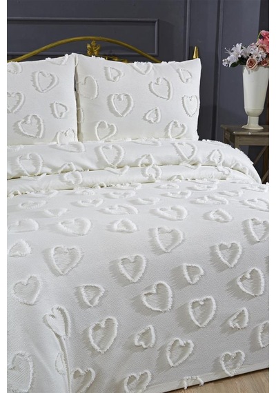 Çeyiz Diyarı Pure Love 3 Parça Çift Kişilik Pike Takımı Krem Krem