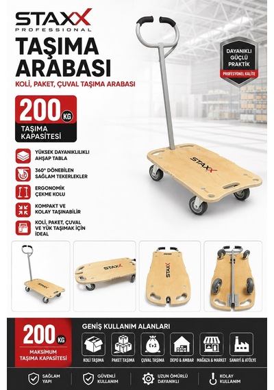 Staxx 200 Kg Platform Taşıma Arabası Katlanır Ahşap Yük Arabası Buzdolabı Koli Taşıma Arabası