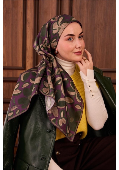 Silk Home Twill İpek Eşarp Erguvan Yeşil Vizon Papatya Desenli Tok Duruşlu 90x90 Çok Renkli