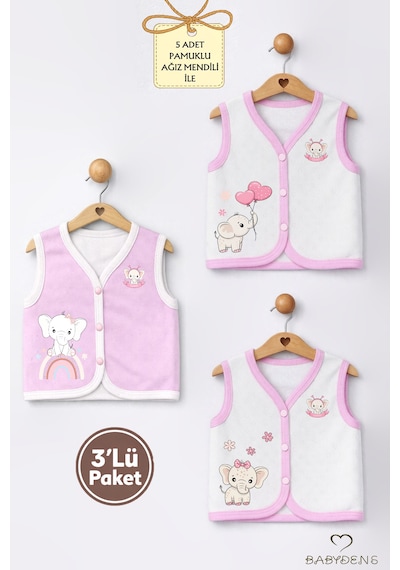 Babyden's Kız Bebek 3 Lü Yelek Seti Kalp Jakar Desenli Fil Baskılı Çıtçıtlı Yelek Yenidoğan Mevsimlik Yelek Ekru - Pembe