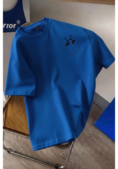 Cepte Panda Baskılı Oversize Unisex Pamuklu Tişört Battal Büyük Beden Tshirt Sax Mavısı