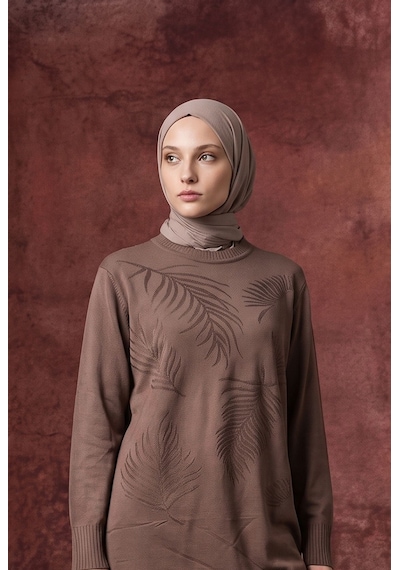 Armine Trend Yaprak Desenli Bisiklet Yaka Uzun Kollu Fitilli Detaylı Tunik Mocha 26ktd408