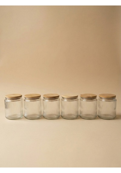 Leelahome 6'lı Set Bambu Vakum Kapaklı Cam Saklama Kabı 1000 Ml Şeffaf
