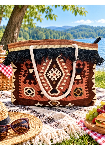 Etnik Desenli Kilim Omuz Ve Plaj Çantası 50x30 Cm Açık Kahverengi