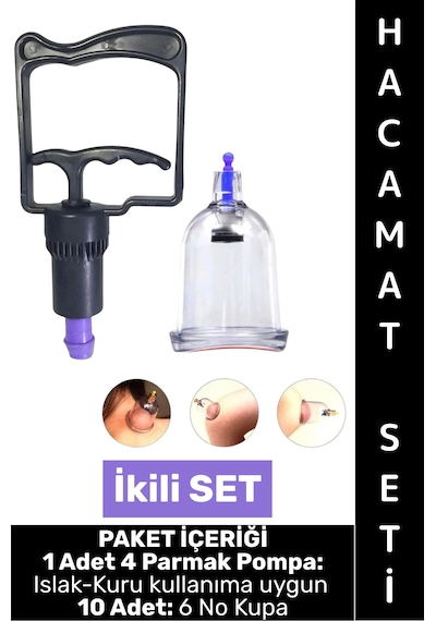 Hacamatseti Islak Kuru Kullanıma Uygun 4 Parmak Pompa 10 Adet 6 No Kupa Çekme İkili Hacamat Seti