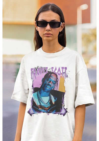 Şarkıcı Travis Scott Baskılı Unisex Oversize Rapper Tişört Beyaz