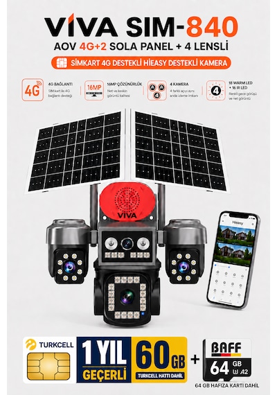 Sim-840 Çift Güneş Panelli 4g Sim Kartlı Kablosuz 4 Lensli Güvenlik Kamerası 16mp Ptz 60 Gb İnternetli Sim Kart + 64 Gb Hafıza Kartı Dahil