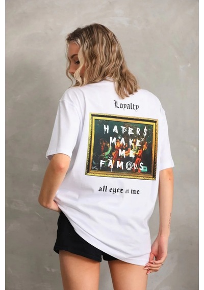 Kadın Ön Ve Arka Baskılı Oversize Kısa Kol T-shirt - Beyaz Beyaz