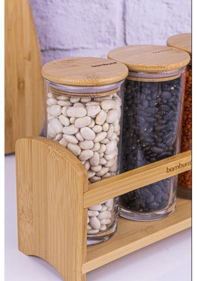 Bambum Paste - 4 Parça Standlı Vakumlu Kapaklı Baharatlık Seti Şeffaf
