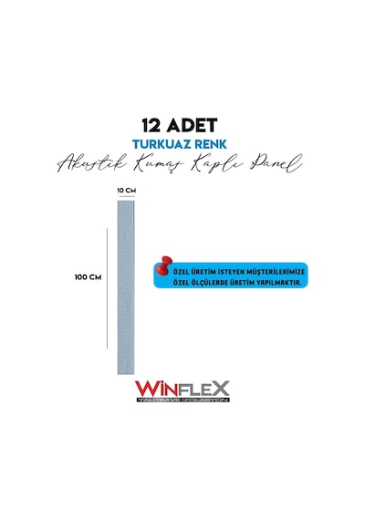 12 Adet Dekoratif Akustik Kumaş Kaplı Panel- 10x100cm Turkuaz