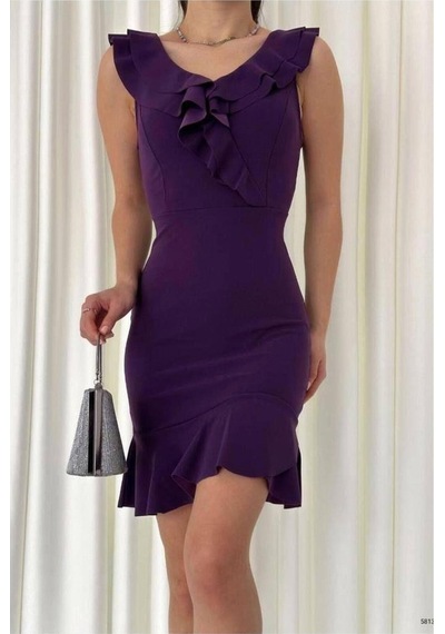 DefyModa Kadın Minimal Tasarım Krep Kumaş Volanlı Askılı Abiye Elbise Mor
