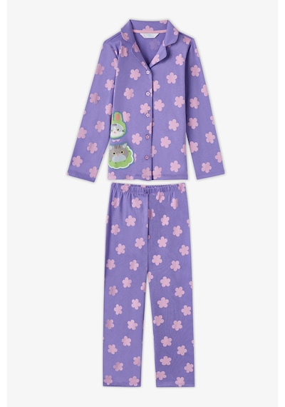 Penti Kız Çocuk Lila Feel Better Kedi Desenli Pamuklu Düğmeli Uzun Kollu Gömlek Pantolon Pijama Takımı