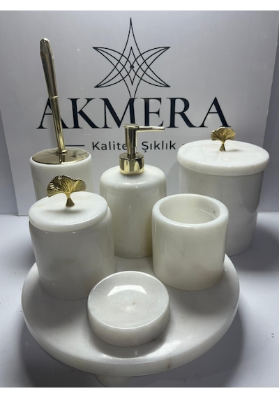 Mermer Top Ayaklı Standlı 7 Parça Lüks Banyo Seti Bakır - Beyaz