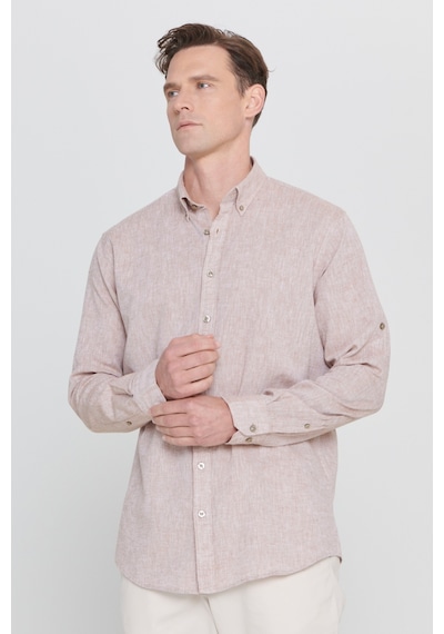 AC&Co / Altınyıldız Classics Erkek Camel Comfort Fit Rahat Kesim Düğmeli Yaka Casual Keten Gömlek Camel