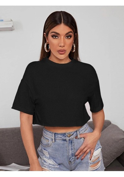 Startmore Kadın Beyaz Bisiklet Yaka Oversize Crop T-shirt Siyah