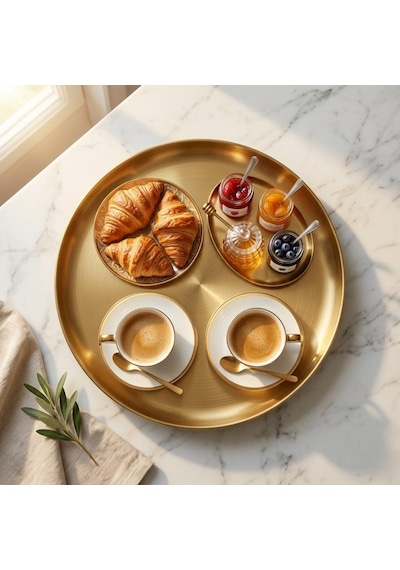 30 Cm Yuvarlak Altın Renk Metal Servis Tepsisi, Dekoratif Sunum Tepsisi, Kahve Ve İçecek Servisi İçin Şık Gold Tepsi