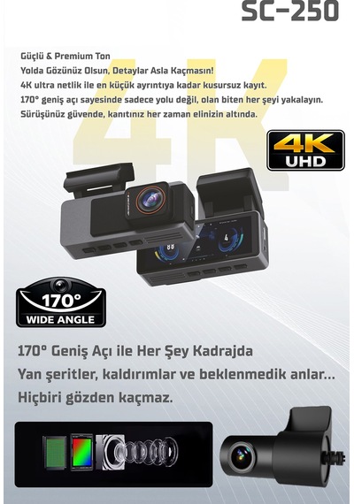 Kayıt Cihazı 4k 3.2'' Ekran 2 Kameralı Araç İçi Kamera Sc-250