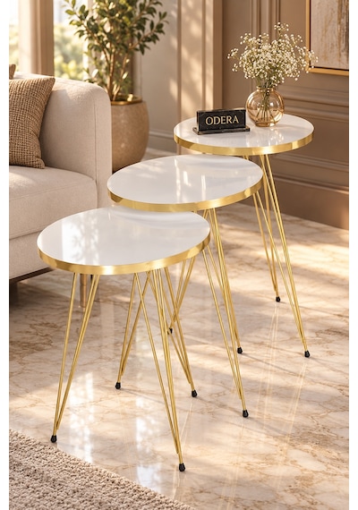 Odera Gold Beyaz Yuvarlak Zigon Sehpa 3'lü Set Gold Tel Metal Ayaklı Retro Salon Sehpası Diğer