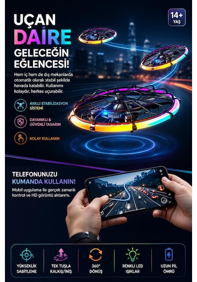 M18 Ufo Dron 4 Eksenli Uçan Araç Daire Renkli Işıklı 2.4 Ghz Uzaktan Kumanda Uygulama İle Kontrol Kameralı Engel Algılama Çarpmaya Dayanıklı 460 Derece Dönüş Tek Tuş İniş Kalkış Başsız Mod Fpv Görüntü