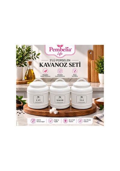 3 Lü Porselen 1000 Ml Bakliyat Baharat Çay Şeker Tuz Saklama Kavanozu Kavanoz Takımı Beyaz Beyaz