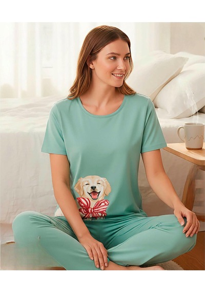 Mihra Kadın Milan Bisiklet Yaka Kısa Kol Likralı Pijama Takımı 50125y - 1 Adet Yeşil